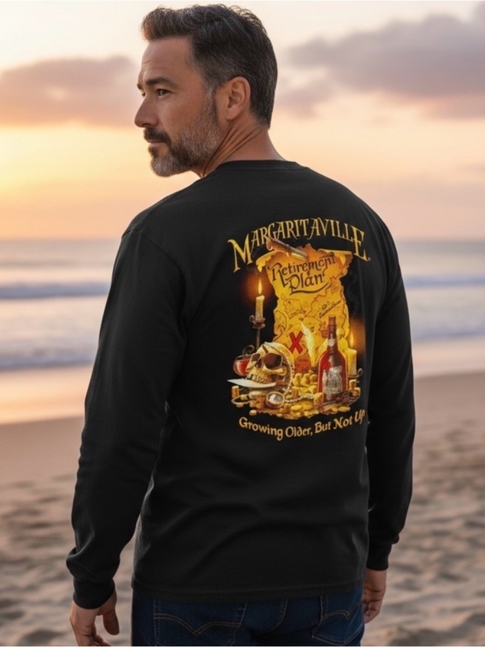 Margaritaville Long Sleeve Tee Retirement Plan Pirate Shirt Men’s Large - Black